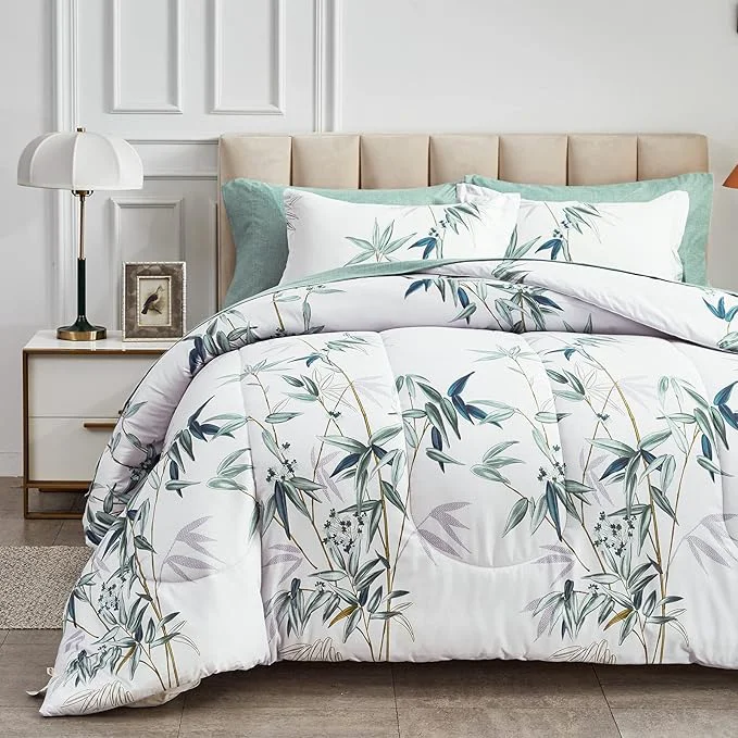 Environmentally Friendly 7 Piece Bed in a Bag King Comforter Set with Sheets Green Leaves on White Botanical Design Bedding Sets for All Season 1 Comforter 2 Pillow Shams 1 Flat Sheet 1 Fitted Sheet 2 Pillowcases Verified