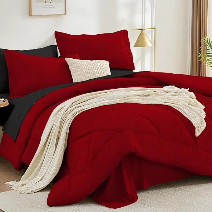 Smart FUANNA 7 Pieces Full Size Comforter Sets All Season Bedding Sets Full Size Luxury Soft Bed in a Bag with Comforter Flat Sheet Fitted Sheet Pillowcases amp Pillow Shams Red amp Black Effective