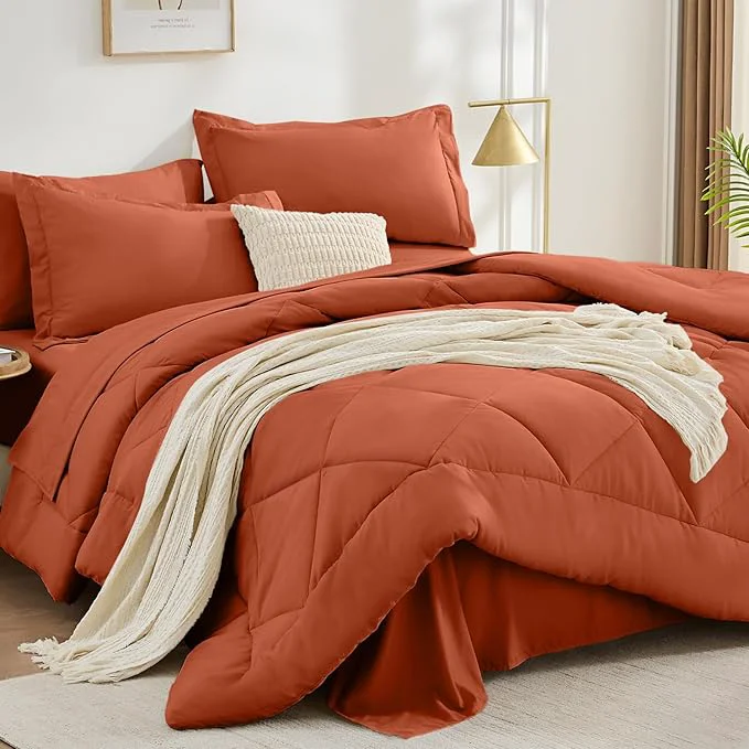 Contemporary FUANNA 7 Pieces King Size Comforter Set All Season Bed in a Bag King Size Luxury Soft Bedding Sets with Comforter Flat Sheet Fitted Sheet Pillowcases amp Pillow Shams Burnt Orange Exclusive