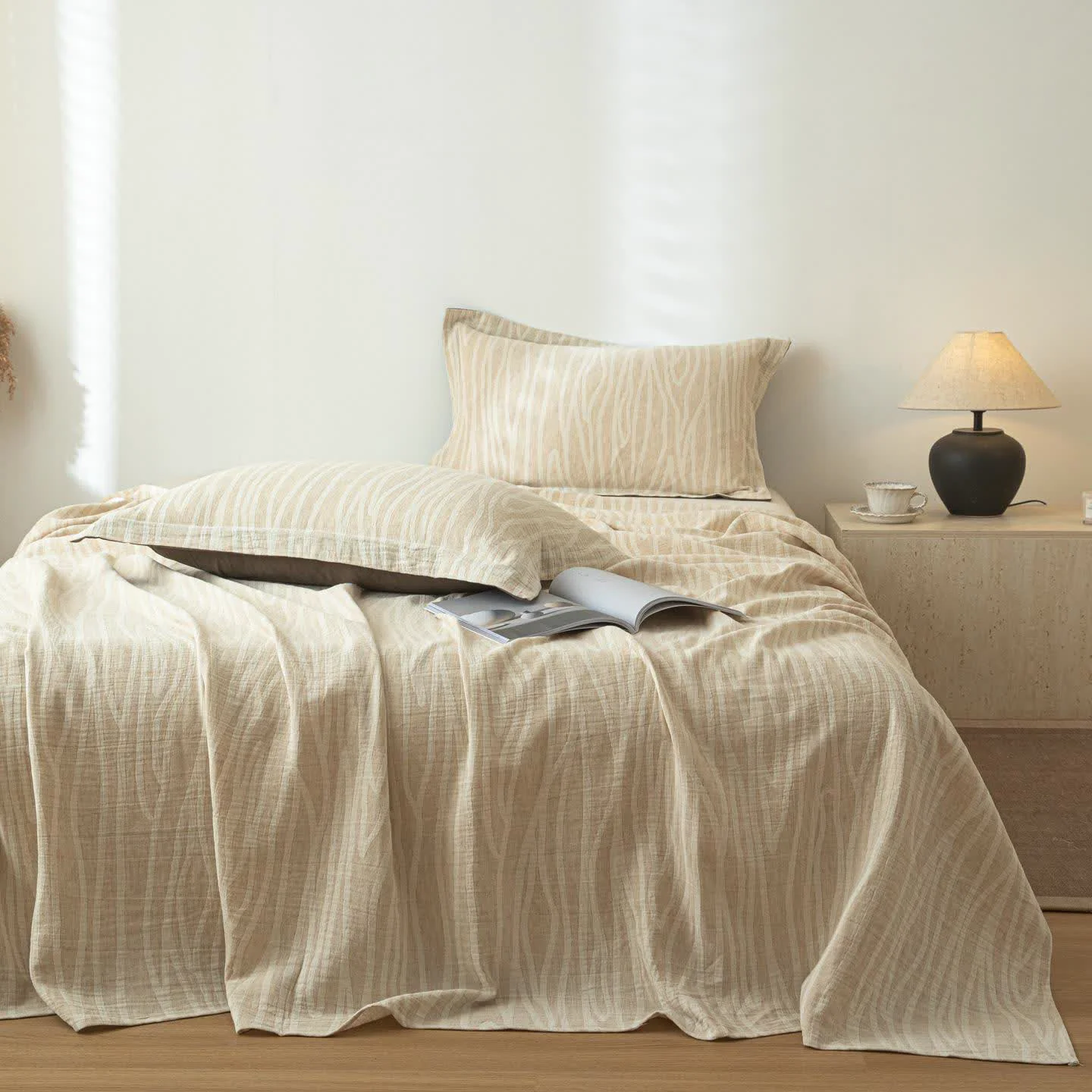 Official Ownkoti Twig Stripes Textured Cotton Linen Bedspread Superior