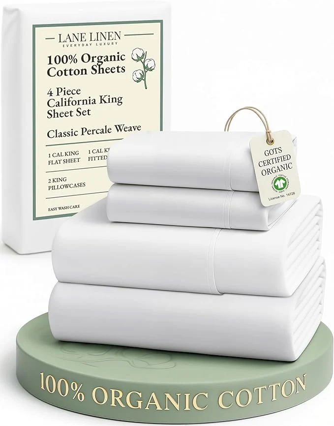 Easy-to-Use LANE LINEN Organic Cotton California King Sheets Set 4-Piece Pure Long Staple Percale Weave Ultra Soft Bedding Sheets for Bed Fits Mattress Upto 15 quot Deep Cal King Sheets- White Convenient