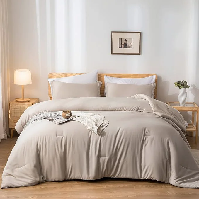 Luxury weigelia Queen Comforter Set 7 Pieces Oatmeal Comforters Queen Size Soft Fluffy Bedding Comforter Set with Fitted Sheets Flat Sheets Pillow Shams and Pillowcases Sustainable