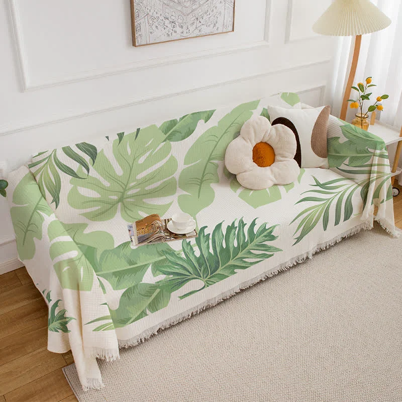 Recyclable Ownkoti Leaf Print Tassel Sofa Throw Blanket Luxury