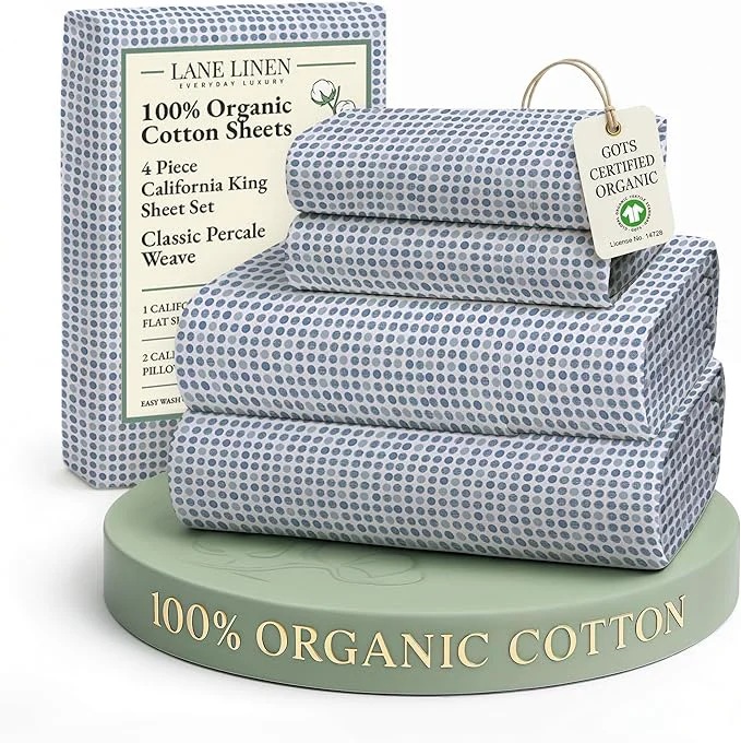 Green LANE LINEN Organic Cotton Printed California King Size Bedding Sheets amp Pillowcases Set -Soft amp Comfy Breathable Percale Sheet Seasons 15 quot Deep Pocket Printed Cal King Sheet – Polka Dot Sophisticated