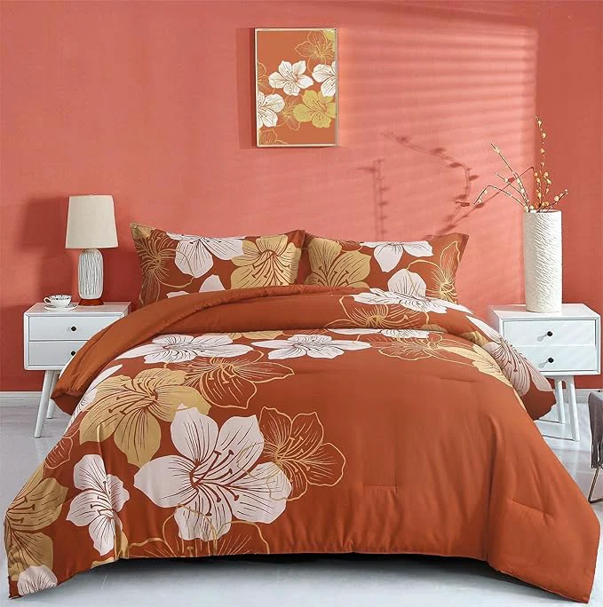 Elegant Menghomeus Terracotta Comforter Set California King Burnt Orange Floral Comforter Botanical Bedding Sets Cal King Soft Microfiber Thanksgiving Bed Set for All Season