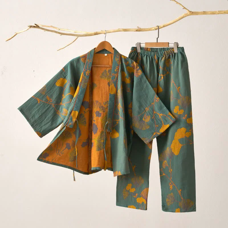 Luxury Ownkoti Large Ginkgo Leaf Cotton Kimono Pajamas Smart