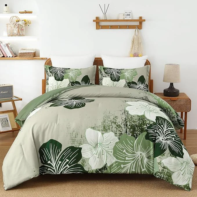 Easy-to-Use Menghomeus Floral Comforter Set King Ombre Green Bedding Lightweight Microfiber Bed Comforter for All Season 3 Piece Flowers Comforter with 2 Pillowcases Effective