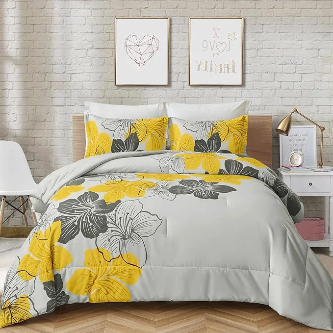 Quality Menghomeus California King Comforter Set Yellow Floral Pattern Printed On Grey Cal King Bedding Set Soft Microfiber Boho Bed Set for All Season 3 Pieces Professional