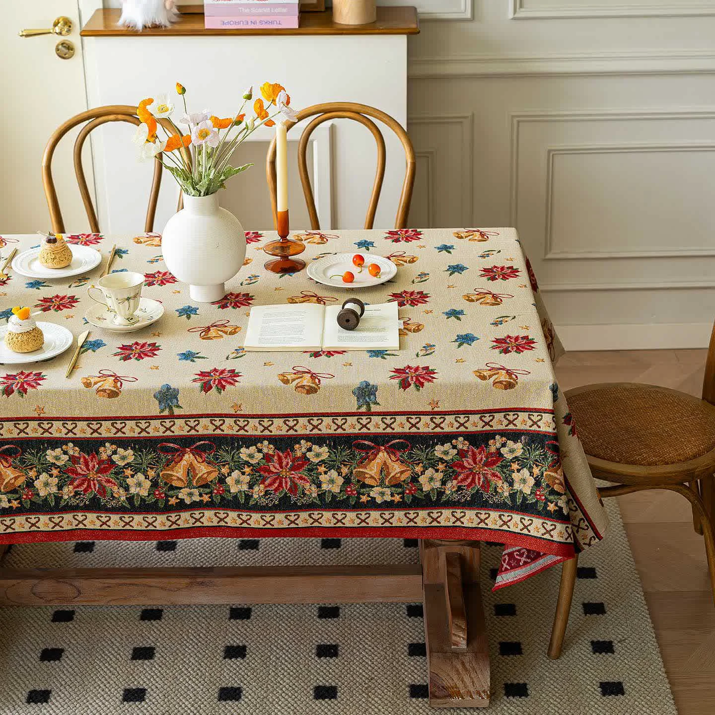 Organic Ownkoti Christmas Bell Floral Jacquard Tablecloth Smooth