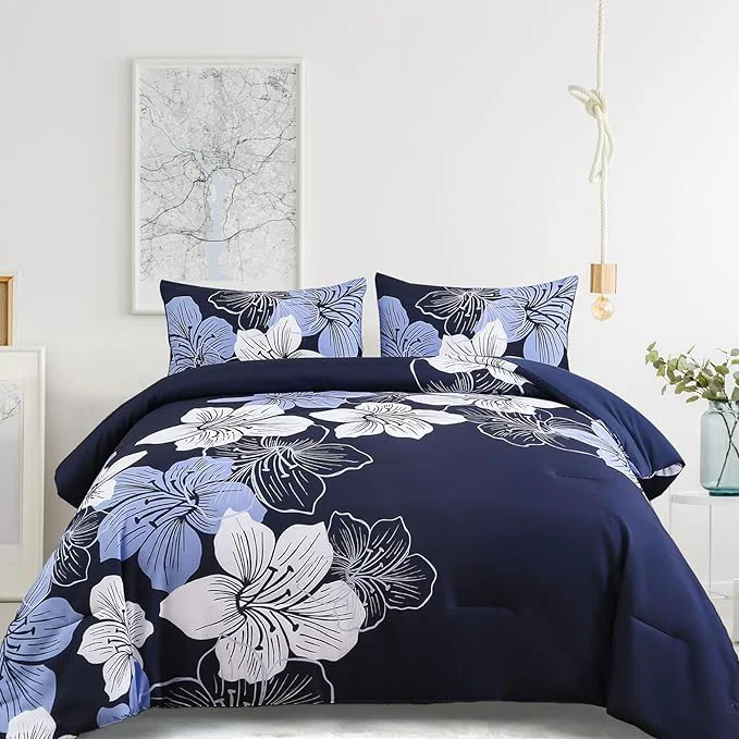 Lightweight Menghomeus King Size Comforter Set Navy Blue Floral Bedding Comforter Sets – Soft Microfiber Bed Comforter Set for All Season 3 Piece Botanical Flowers Comforter Pillowcases Clean