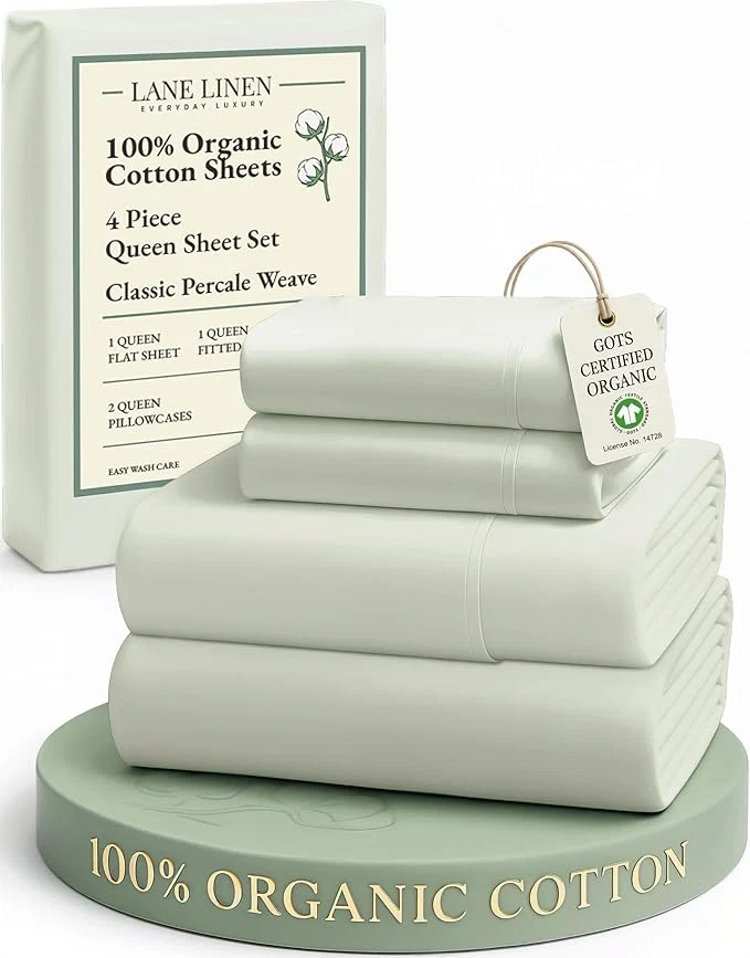 Recyclable LANE LINEN Organic Cotton Sheets Queen Size Bed Set Machine Wash Eco Friendly Sustainably Produced Cotton Queen Sheet Set Soft amp Comfy Long Stabple Naturally Cooling Sheets– Mineral Solid