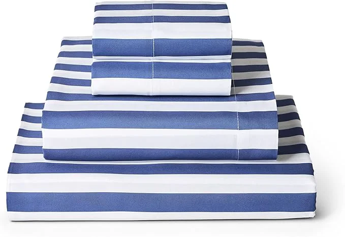 Expertly Made Mellanni California King Sheets Set – 4 PC Iconic Collection Bedding – Hotel Luxury Soft Cooling Bed Sheets – Wrinkle Fade Stain Resistant Cal King Oxford Stripe Blue Nova Sophisticated