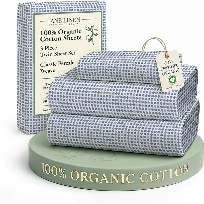 Unique LANE LINEN Organic Cotton Twin Sheets Set – 3 PC Bedding Sheets amp Pillowcases – Breathable amp Cooling Bed Sheets – Deep Pocket up to 15 quot Sheets for Twin Size Bed Polka Dot Blue Lightweight