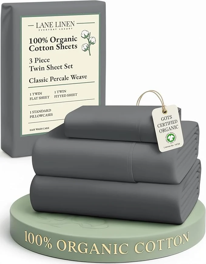High-Performance LANE LINEN Organic Cotton 3Pc Bed Sheets Twin Size Classic Percale Weave Soft amp Comfy Fully Elasticized Naturally Cooling Cotton Sheets Low Pill Machine wash Twin Sheet Set- Charcoal Recyclable