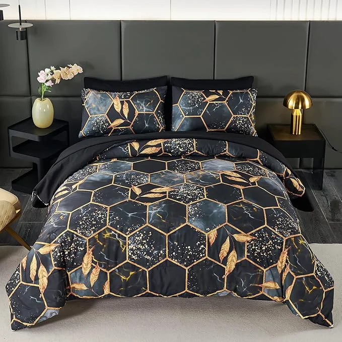 Minimalist ANGIYUIN Black King Size Comforter Set Geometric Comforter 7Pcs Foil Print Bed in A Bag Marble Bedding Comforter Sets 3D Honeycomb Hexagon Decor Gold Trim Bed Set for Women Men Black King Versatile