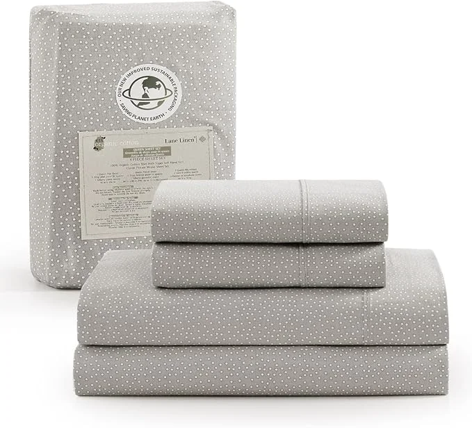 Prestigious LANE LINEN Organic Cotton Grey White Dot Queen-Sheets Set 4-Piece Long Staple Percale Weave Bedding Sheets for Bed Breathable GOTS Fits Mattress Upto 15inch Deep Minimalist