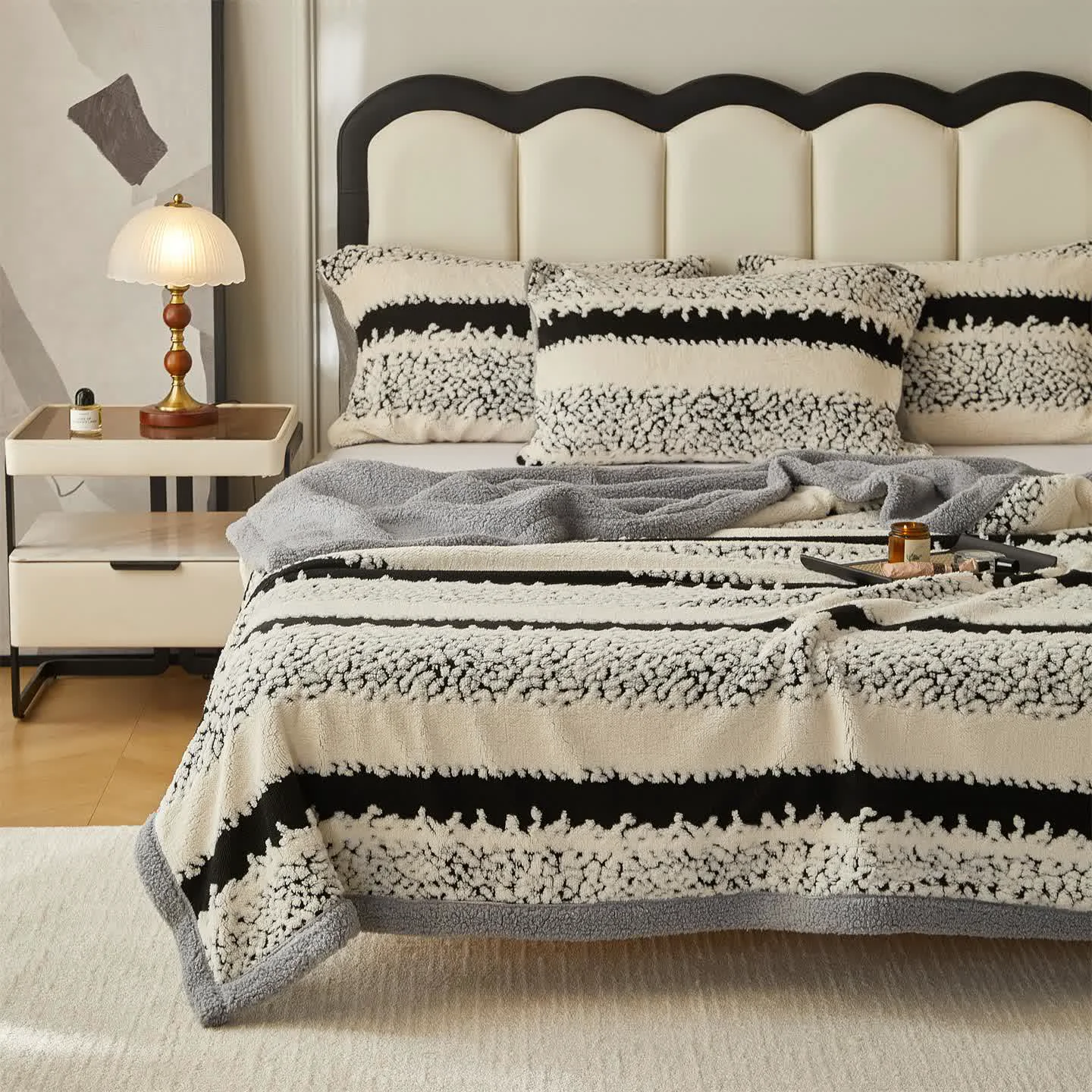 Unique Ownkoti Double Layer Striped Print Sherpa Blanket Carefully Designed