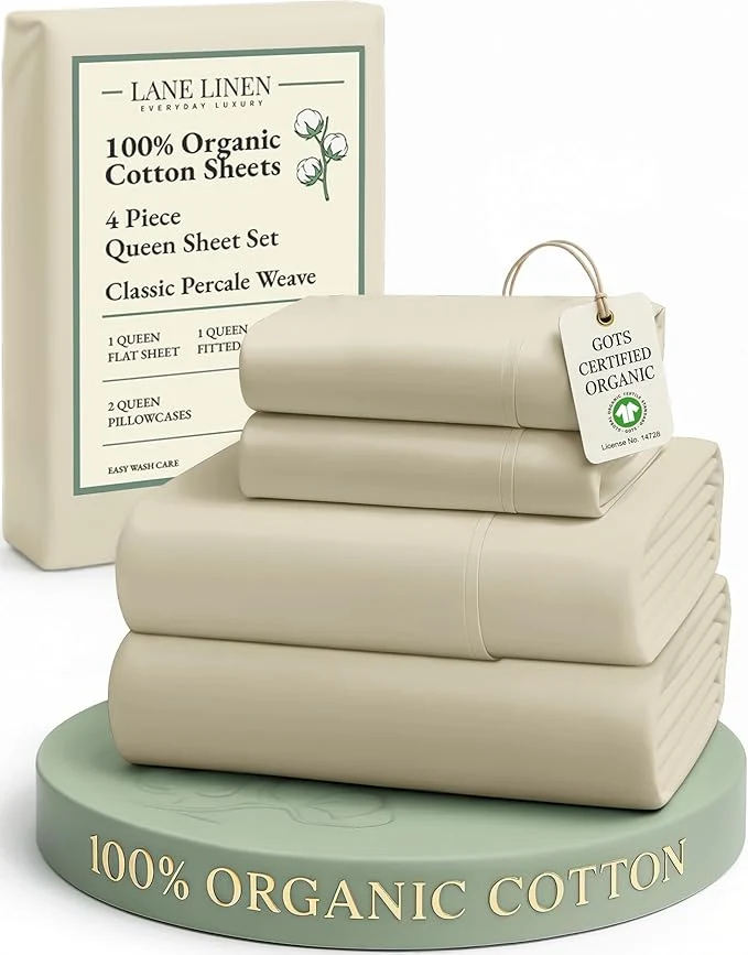 Exclusive LANE LINEN Organic Cotton Queen Size Sheets Set Eco Friedly Mercerized Fully Elasticized Queen Sheets Naturally Temperature Regulating Cooling Cotton Sheets- Linen Original Design