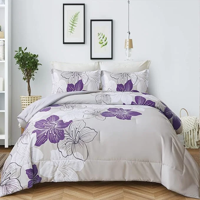Green Menghomeus Floral Comforter Set King Purple Floral Pattern Printed on Grey Soft Microfiber Bedding Set Lightweight Bed Set for All Season 1 Comforter 2 Pillowcases Prestigious