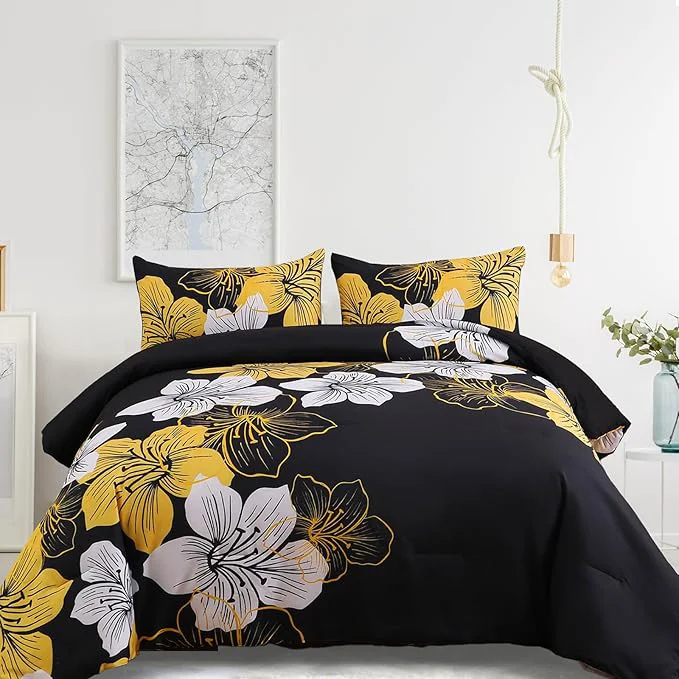 Dependable Menghomeus California King Comforter Set Black Gold Floral Bedding Comforter Sets Soft Microfiber Bed Set for All Season 3 Piece Botanical Flowers Comforter Pillowcases Convenient