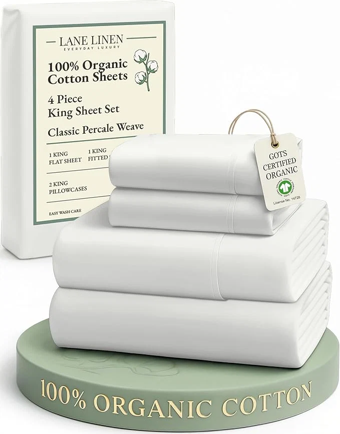 Artisan LANE LINEN Organic Cotton King Bed Set 4-Piece Cotton Bed Sheets Crisp Percale Weave Ultra Soft Bedding Sets amp Collections 15 quot King Size Sheets Deep Pocket Set – Glacier Grey Practical