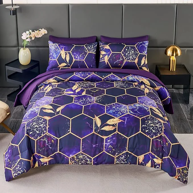 First-Class ANGIYUIN 7Pcs Bed-in-A-Bag Purple Gold Marble Comforter Set Full Size 3D Geometric Hexagon Comforter Bedding Set Modern Foil Print Bed Sets with Matched Sheets for Women Men Purple Full Luxury