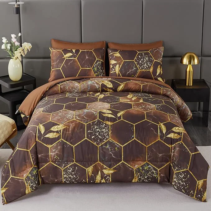 Reusable ANGIYUIN 7 Pcs Brown Comforter Sets Queen 3D Honeycomb Bed in A Bag Marble Watercolor Comforter Bedding Sets Foil Print Bed Sets with Matched Sheets Pillowcases Brown Queen Practical