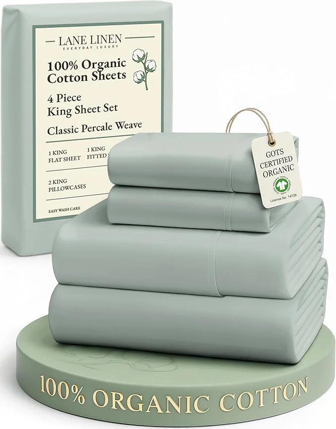 Consistent LANE LINEN Organic Cotton Sheets King Size 15 quot Deep Pocket Fully Elasticized Soft amp Comfy Percale Bedding Eco Friendly Naturally Temperature Regulating Cotton Sheets King- Cool Blue Traditional
