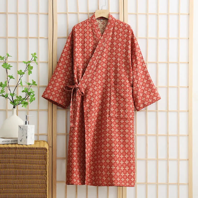 Solid Ownkoti Unisex Geometric Pattern Cotton Pocket Bathrobe User-Friendly