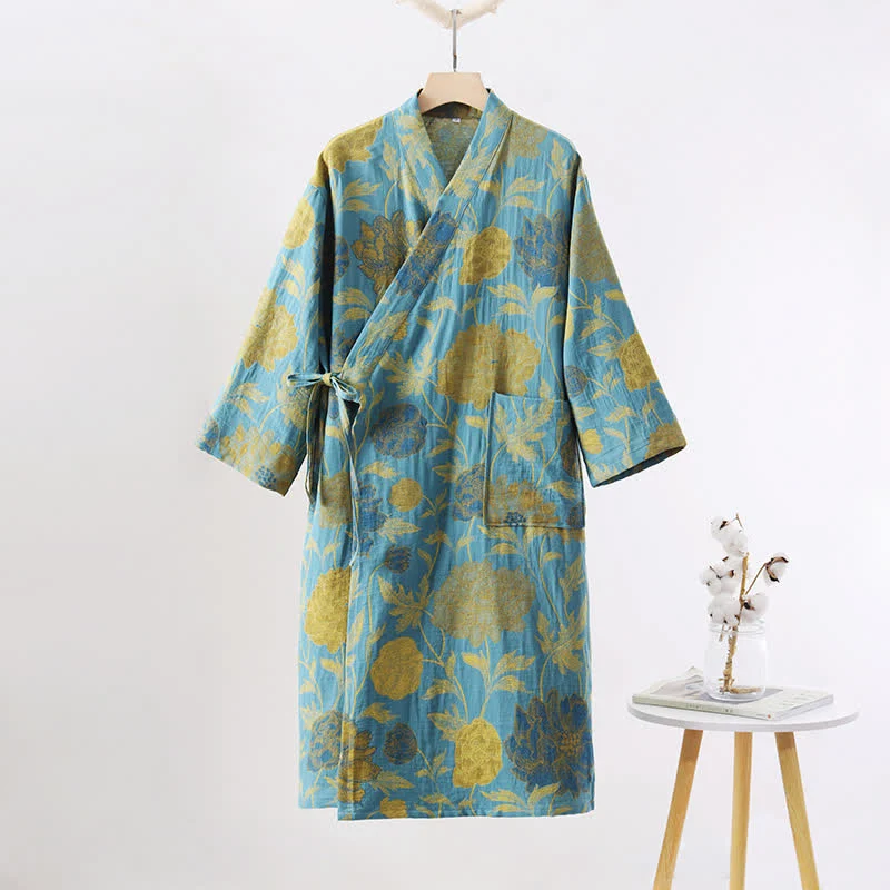 Healthy Ownkoti Green Peony Cotton Gauze Bathrobe Practical
