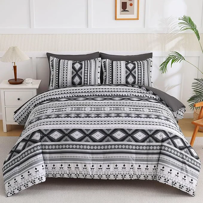 Unique Dinjoy California King Comforter Set Size Dark Gray Cal King Bed in a Bag Boho Black Bedding Sets Fall 7 Pieces Striped Oversized Bed Set with Comforters Sheets Shams for All Season Contemporary