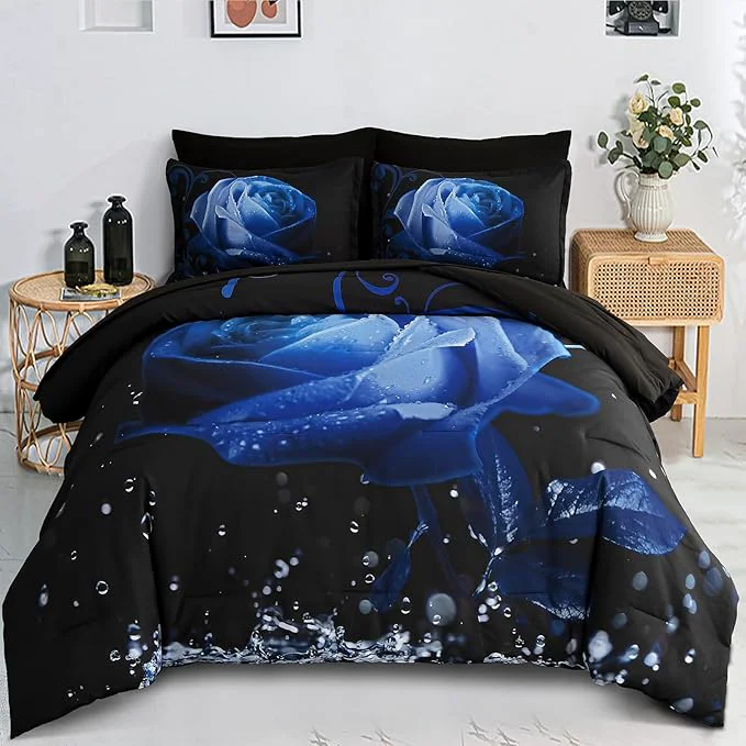 Crafted Xruibed Floral Comforter Queen Blue Bed in a Bag Rose Water Droplets Design 7PCs Comforter Set Soft Micorfiber Bedding Set 1 Comforter 2 Pillow Shams 1 Flat Sheet 1 Fitted Sheet 2 Pillowcases Elite
