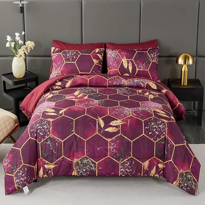 Sustainable ANGIYUIN 7 Pieces Burgundy Gold California King Size Bed in A Bag Marble Watercolor Gold Leaves Bedding Comforter Set Hexagon Honeycomb Comforter Sets with Sheets Pillowcases Eco-Friendly