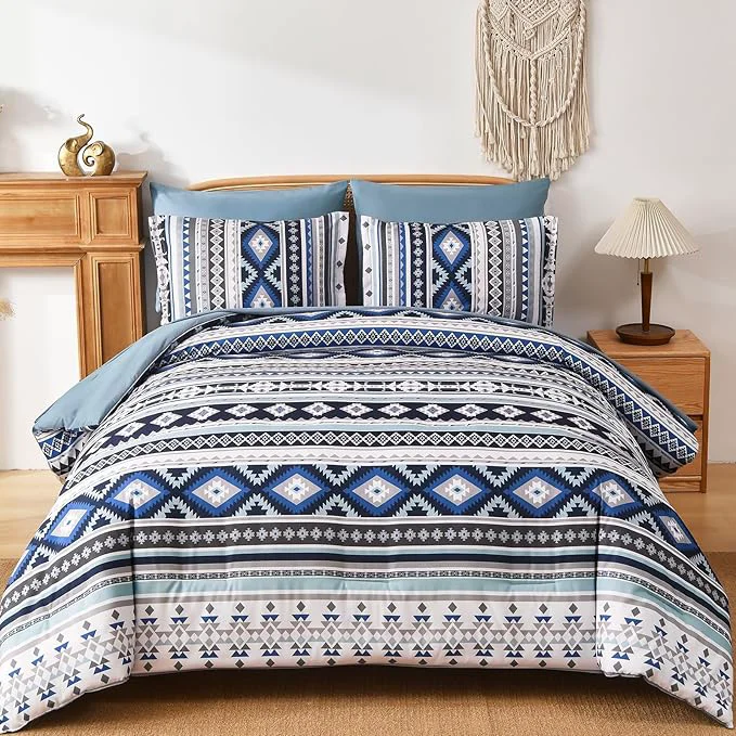 Responsible Dinjoy Navy Boho Comforter Set Queen Size 7 Pieces Bed in a Bag Queen Dark Blue Aztec Bedding with Sheets Bohemian Geometric Striped Complete Set for Fall Winter 90 quot x90 quot Next-Generation