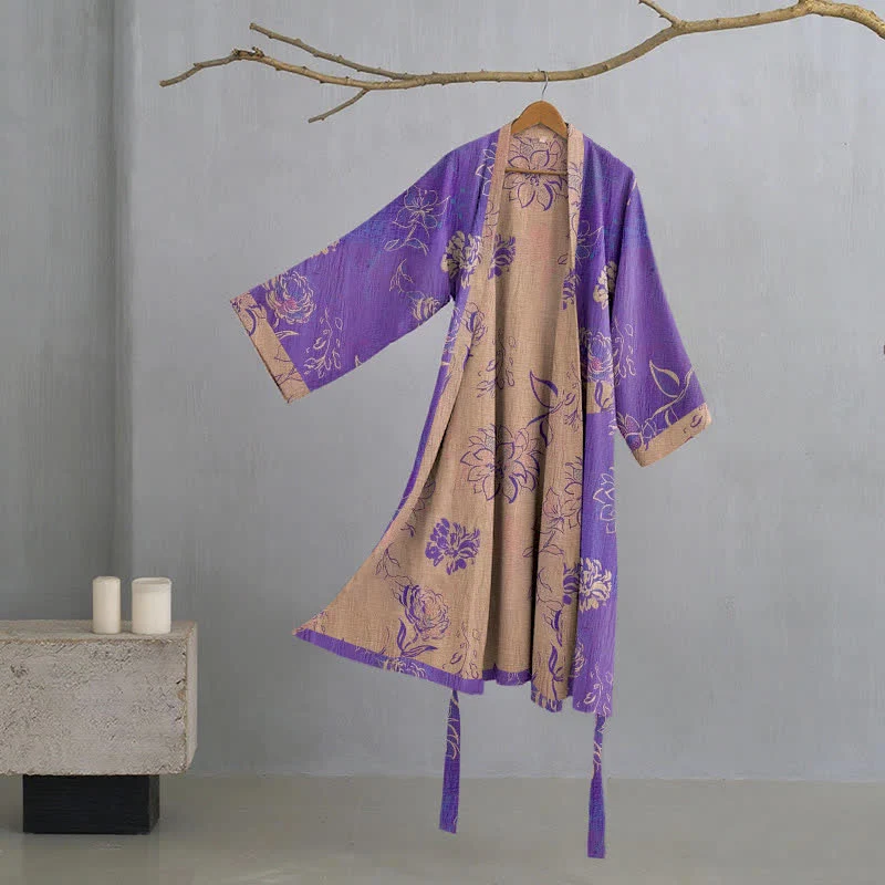 High-Performance Ownkoti Two-Tone Peony Cotton Gauze Kimono Robe Detailed
