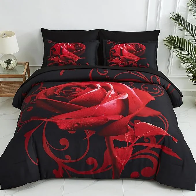 Convenient Red Comforter Set King 7 Piece Bed in a Bag Red Rose Flower Comforter with Sheet Set Soft Micorfiber Reversible Bedding Set 1 Comforter 2 Pillow Shams 1 Flat Sheet 1 Fitted Sheet 2 Pillowcases Fast