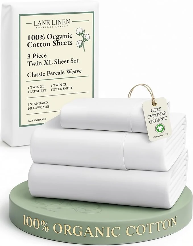 First-Class LANE LINEN Organic Cotton White Twin XL Sheets Set 3-Piece Pure Percale Soft Bedding Breathable Fits Mattress Upto 15 quot Deep Sophisticated
