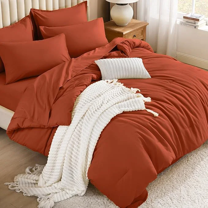 Environmentally Friendly Litanika Oversized Queen Size Comforter Set Burnt Orange – 7 Pieces Bed in a Bag Oversized Beddding Sets Solid Lightweight Bed Set with Comforter Sheets Pillowcases amp Shams High-Grade