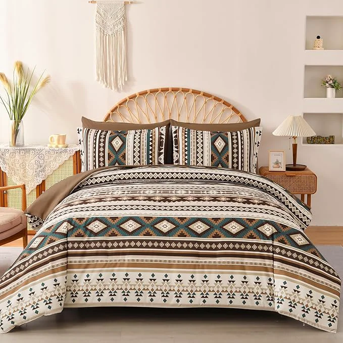 Premium Dinjoy Boho Comforter Set Full Size 7 Piece Bed in a Bag Soft Brown Striped Bedding Sets Bohemian Comforters and Sheet Set Microfiber Aztec Complete Sets for All Season Original Design