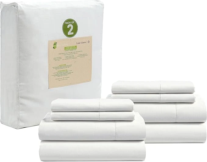 Elegant LANE LINEN Organic Cotton Queen Sheets 8Pc Queen Bed Sheets Soft amp Breathable Queen Size Crisp Percale Weave Hotel-Quality Bedding Sheet amp Pillowcases – White 2 Pack Clean