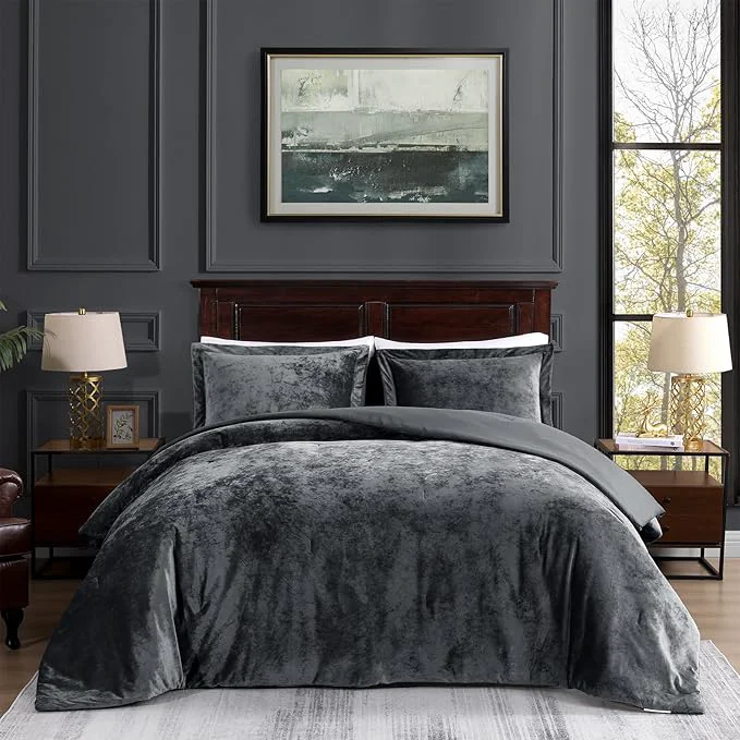 Official TAMGHO Velvet Comforter King- Grey Soft Crushed Velvet 3pc Bedding Set 108 quot x96 quot Comforter 2×20 x36 Shams All-Season Easy Care Soft Neutral Color Velvet Texture Fine