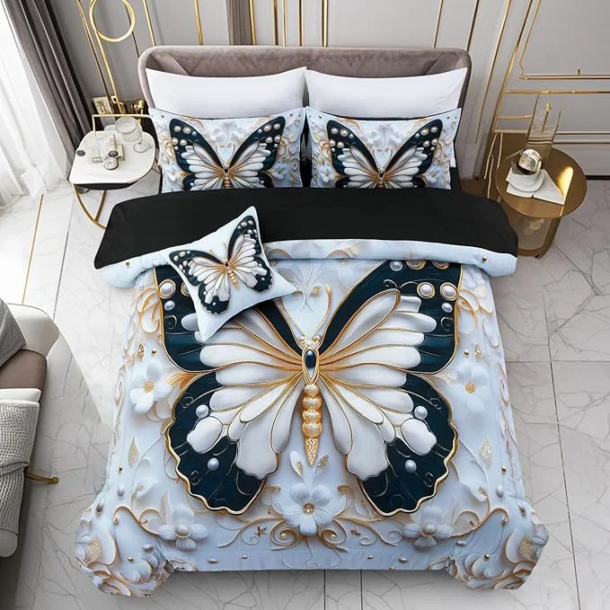 Exceptional A Nice Night 6pcs Bed in A Bag Black and Glod Dreamy 3D Butterfly Pearl Flower Design Butterflies Printed Bedding Twin Comforter Set for Girls Kids Teens Prestigious