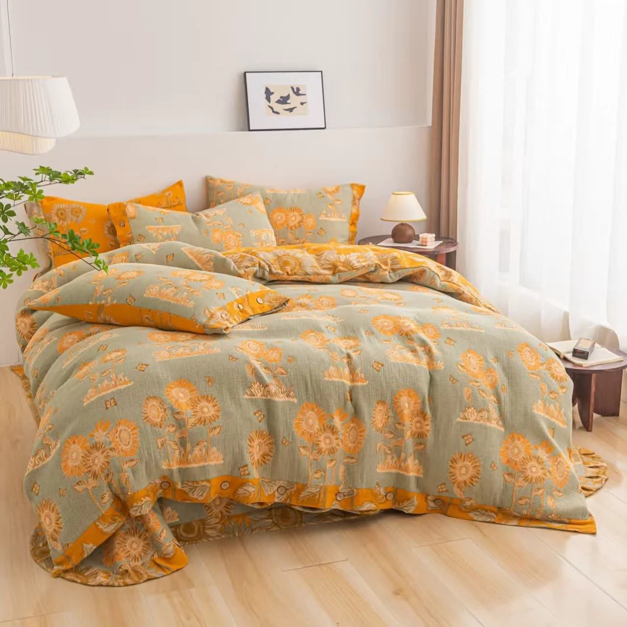 Relaxed Ownkoti Sunflower Cotton Gauze Reversible Bedding Set 4PCS High-End