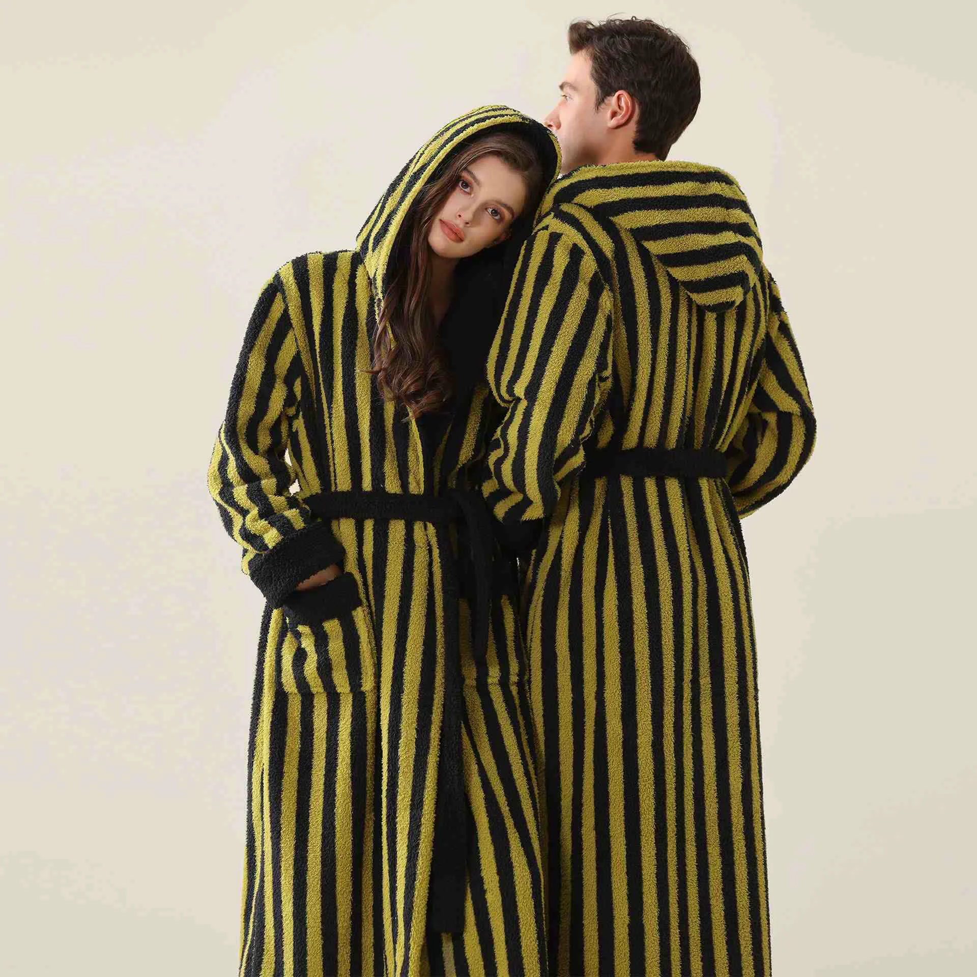 Exclusive Ownkoti Unisex Striped Hooded Fleece Warm Robe Innovative