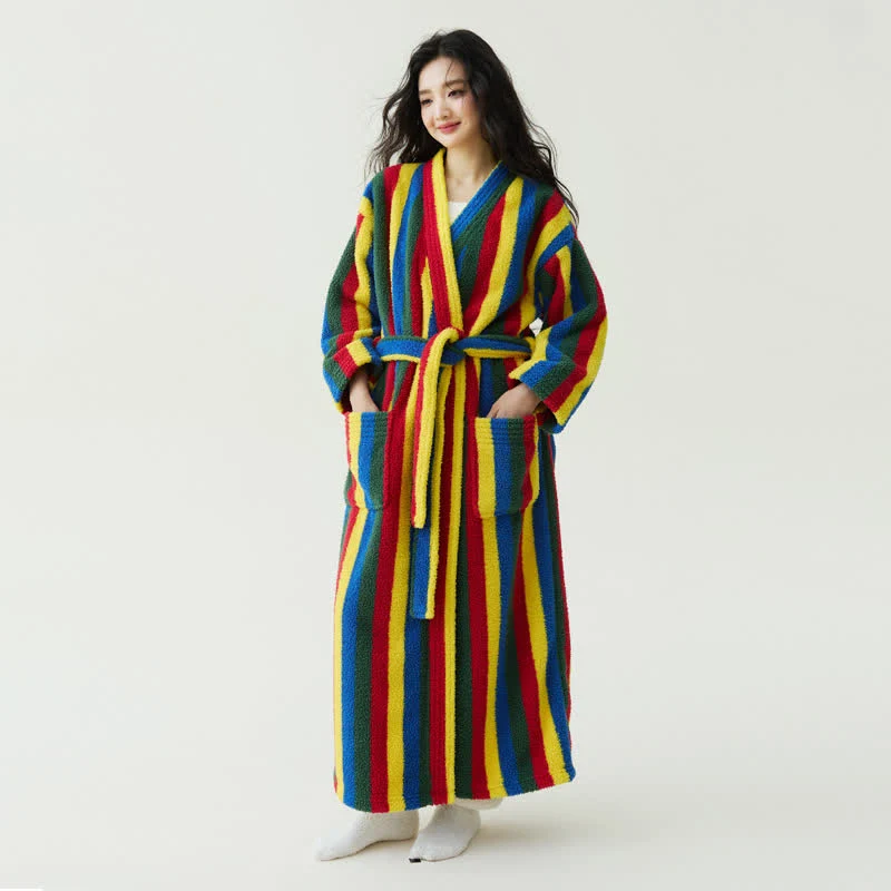 Recyclable Ownkoti Contrast Stripe Plush Warm Robe Pure