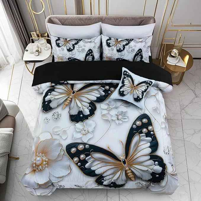 Responsible A Nice Night 6pcs Bed in A Bag Black and Glod Dreamy 3D Butterfly Printed with Pearl Flower Design Butterflies Bedding Twin Comforter Set for Girls Kids Teens Safe
