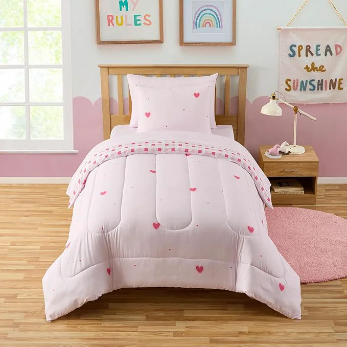 Consistent Heart Comforter Set Twin Size for Girls – Soft Pink Bed in a Bag with Sheets Pillowcases amp Shams – Cute Kids Bedding with Love Hearts Design – Cozy Microfiber for Child or Tween Bedroom Decor Natural