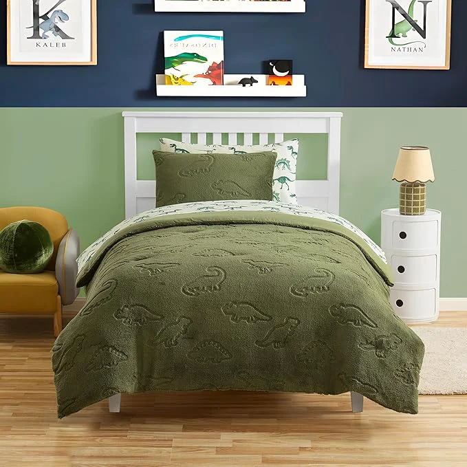 Luxury Twin Size Kids Comforter Set – Dinosaur Embossed Bedding Set Bed in a Bag for Boys and Girls Toddlers Sheet Set and Comforter Dinosaur Embossed Organic