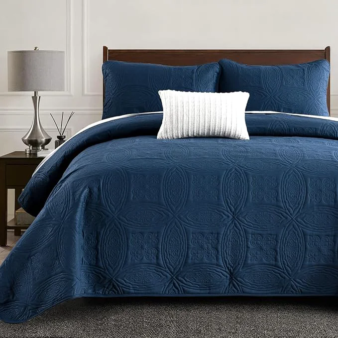 Traditional Yiran Navy Blue Quilt Set Queen Size Lightweight Bedspread Embossed Pattern Soft Microfiber Coverlet for All Season with 2 Pillow Shams 96 quot x90 quot User-Friendly