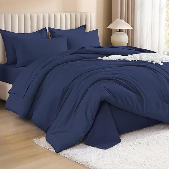 Healthy Litanika Queen Comforter Set Navy Blue – 7 Pieces Bed in a Bag Queen Bedding Comforter Sets Solid Lightweight Bed Set with Comforter Sheets Pillowcases amp Shams Premium